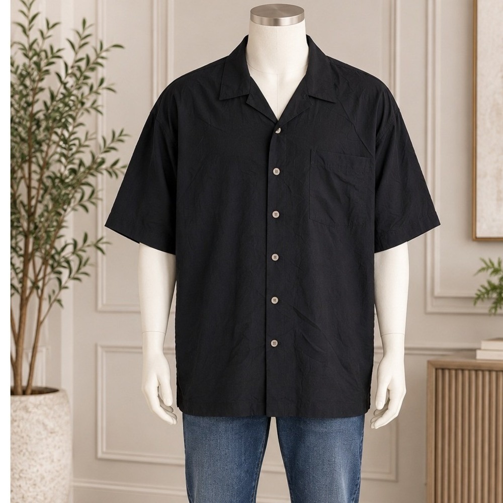 Oak Hill Mens Shirt Short Sleeve Camp Collar Solid Black 3XL